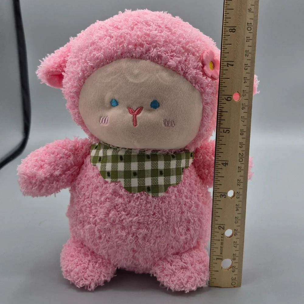 JHWH Pink Sherpa Lamb Plush Stuffed Animal Green Gingham Bandana Kawaii Sheep
